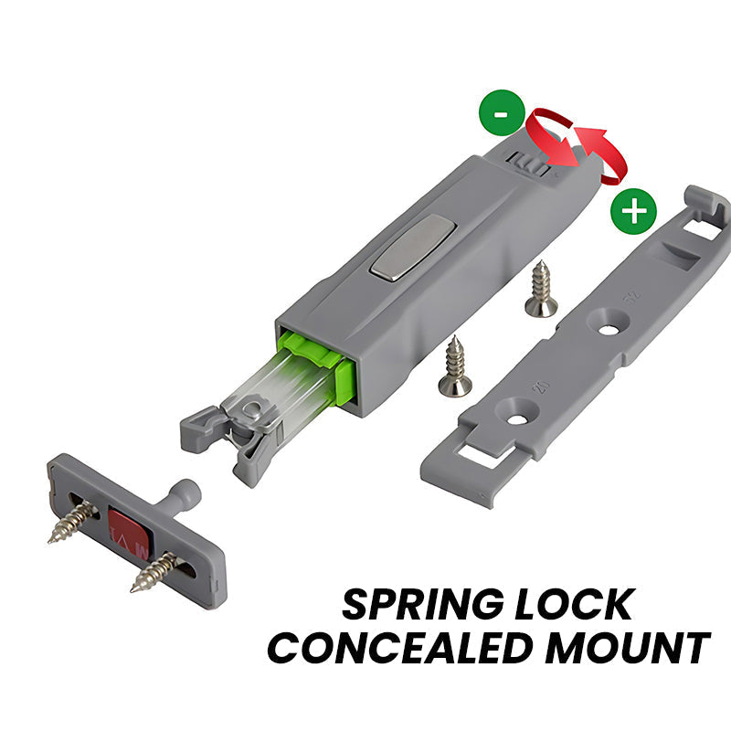 Cabinet Door Press-to-Open Spring Lock and Matching Hinge