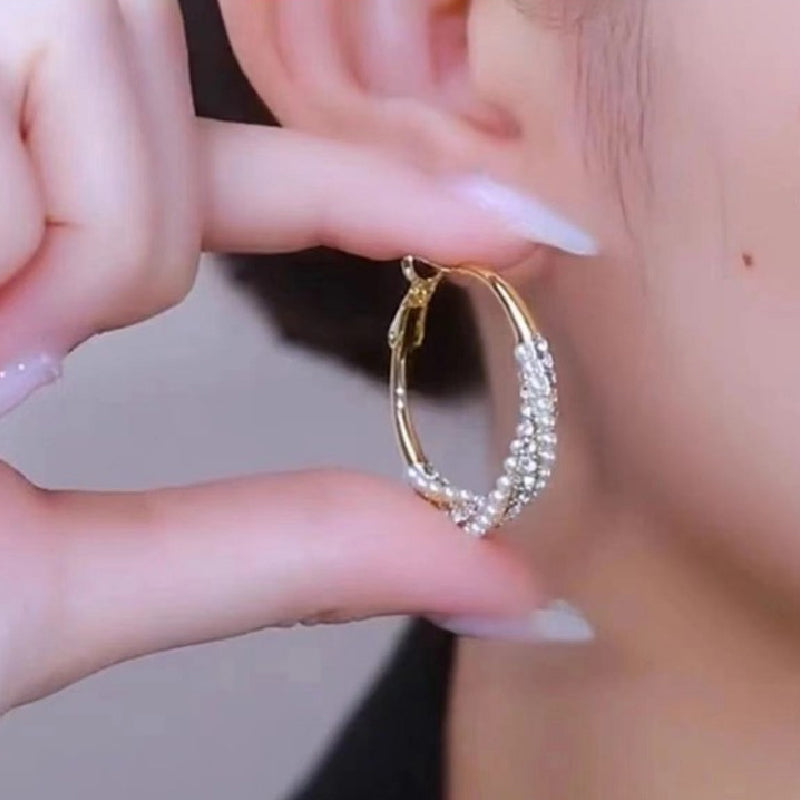 💕Special Big Sale💕Women's Faux Diamonds Synthetic Pearls Hoop Earrings