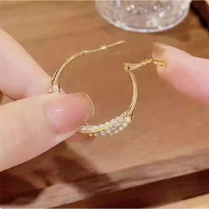 💕Special Big Sale💕Women's Faux Diamonds Synthetic Pearls Hoop Earrings