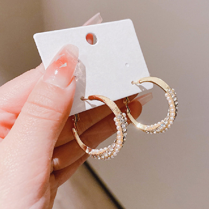 💕Special Big Sale💕Women's Faux Diamonds Synthetic Pearls Hoop Earrings