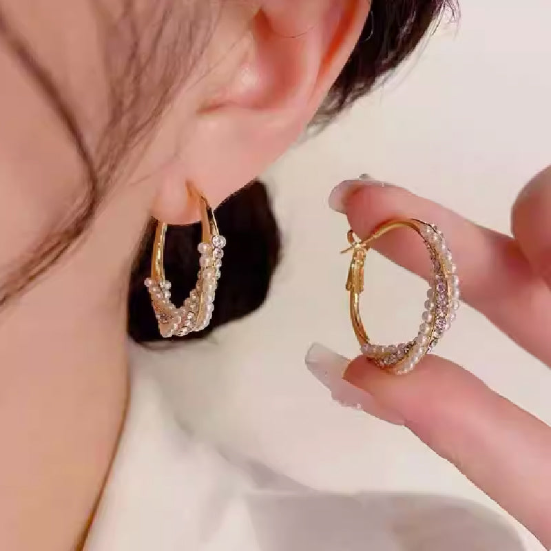 💕Special Big Sale💕Women's Faux Diamonds Synthetic Pearls Hoop Earrings