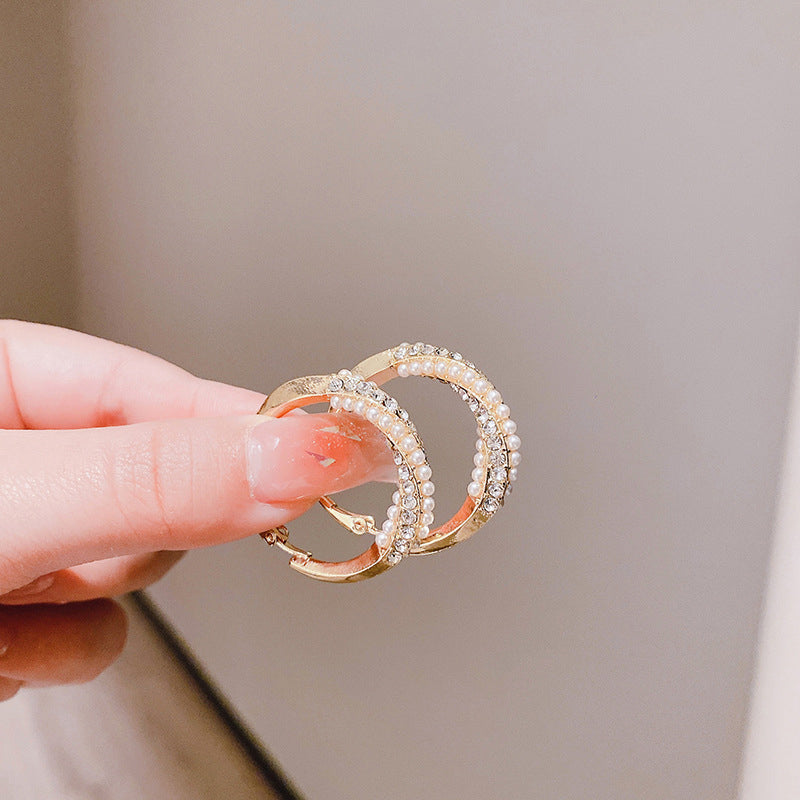 💕Special Big Sale💕Women's Faux Diamonds Synthetic Pearls Hoop Earrings