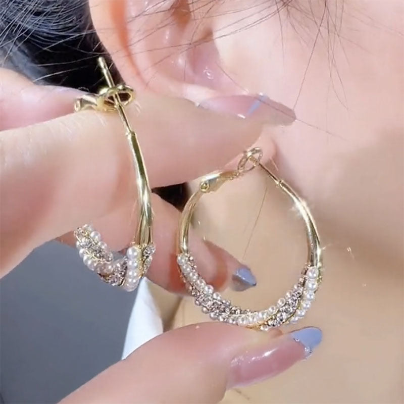 💕Special Big Sale💕Women's Faux Diamonds Synthetic Pearls Hoop Earrings