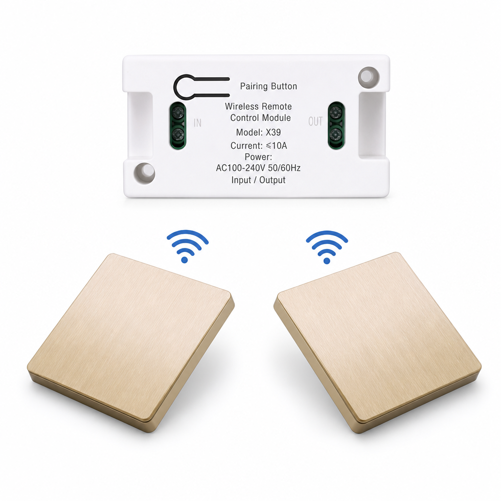 Wireless radio light switch set without wiring with self-adhesive wall switch and receiver