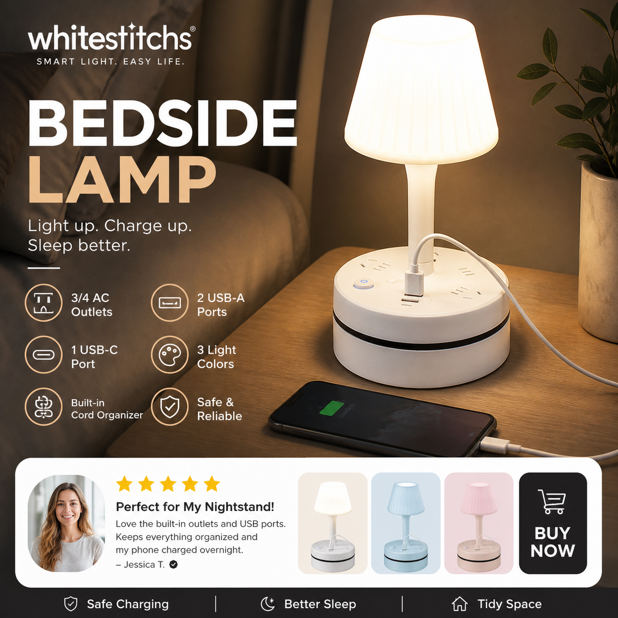 💡🔌 Bedside Lamp with USB & AC Outlets – 50% OFF! 3/4 AC, 2 USB, 1 Type-C – charge devices while you sleep. ⭐🏠