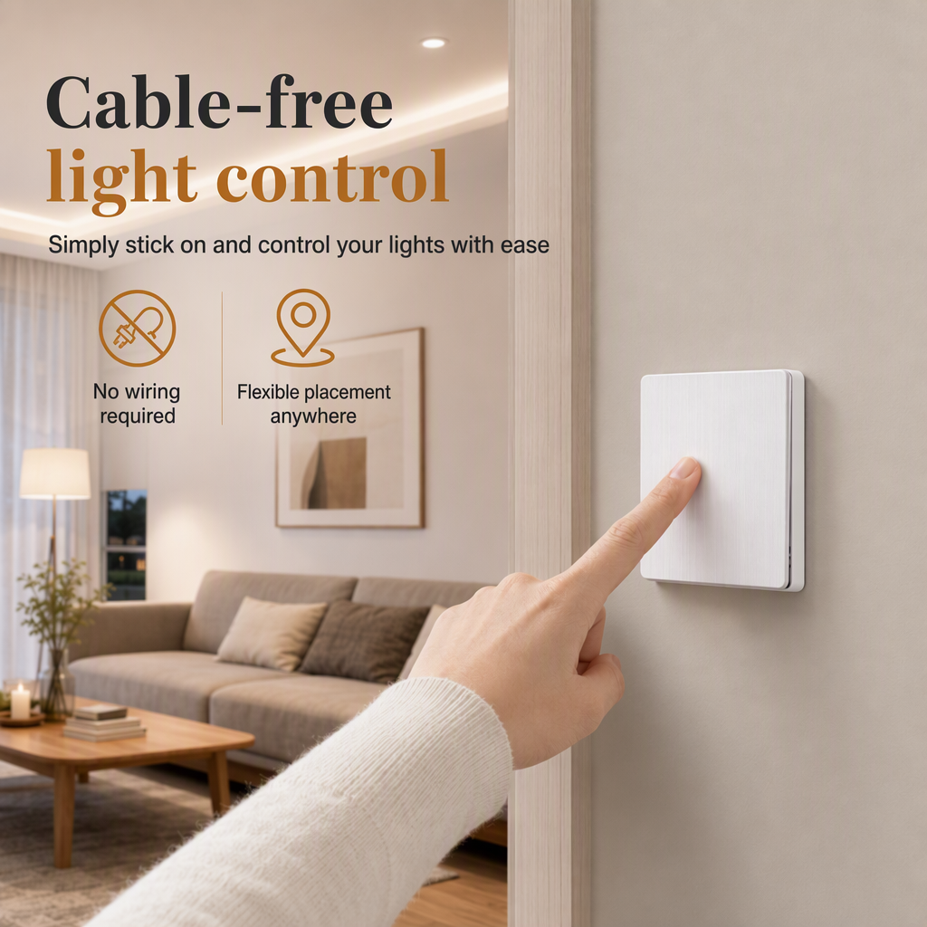 Wireless radio light switch set without wiring with self-adhesive wall switch and receiver