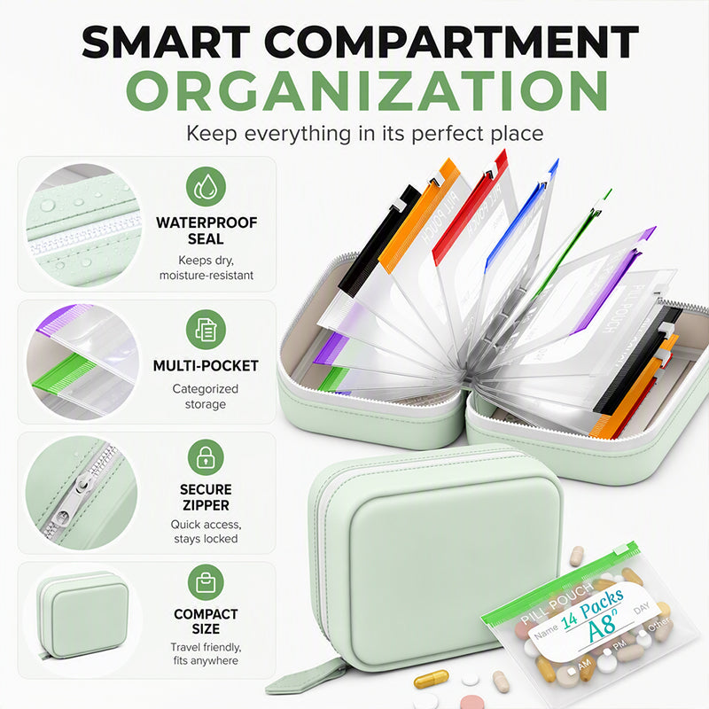 🎉 2026 Sale — Over 9,000 Sold! 💊 A8 Waterproof Pill Pouch Set – 14 Color-Coded Pouches, Crush-Proof Shell, Up to 2 Weeks of Meds! ✨