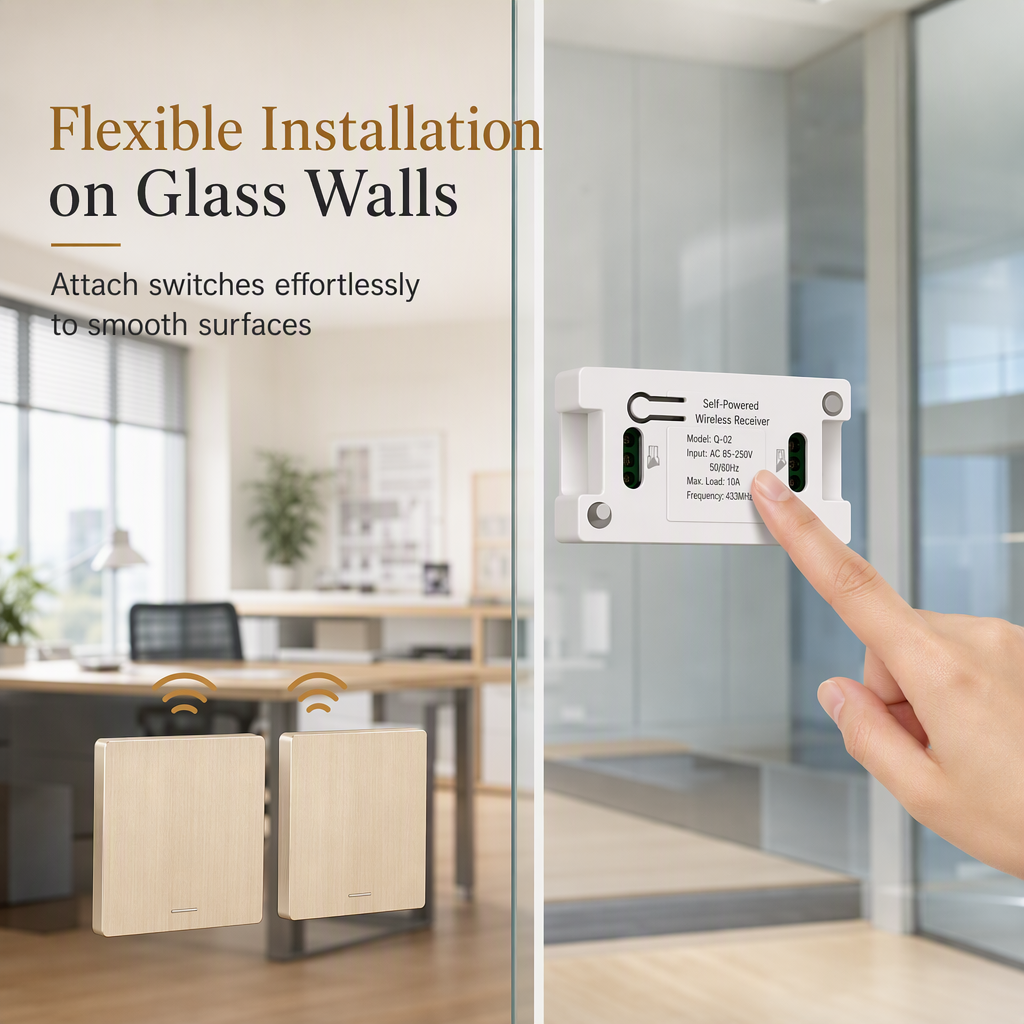 Wireless radio light switch set without wiring with self-adhesive wall switch and receiver