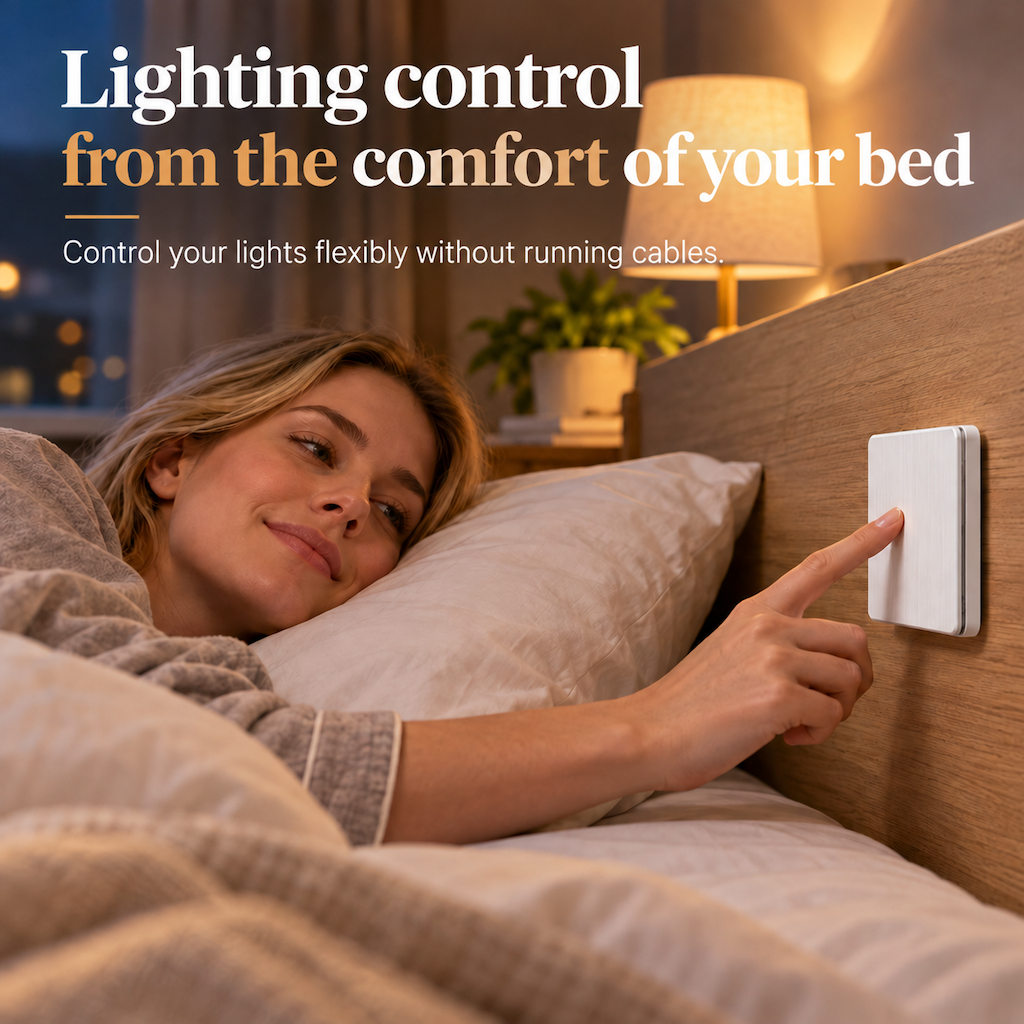 Wireless radio light switch set without wiring with self-adhesive wall switch and receiver