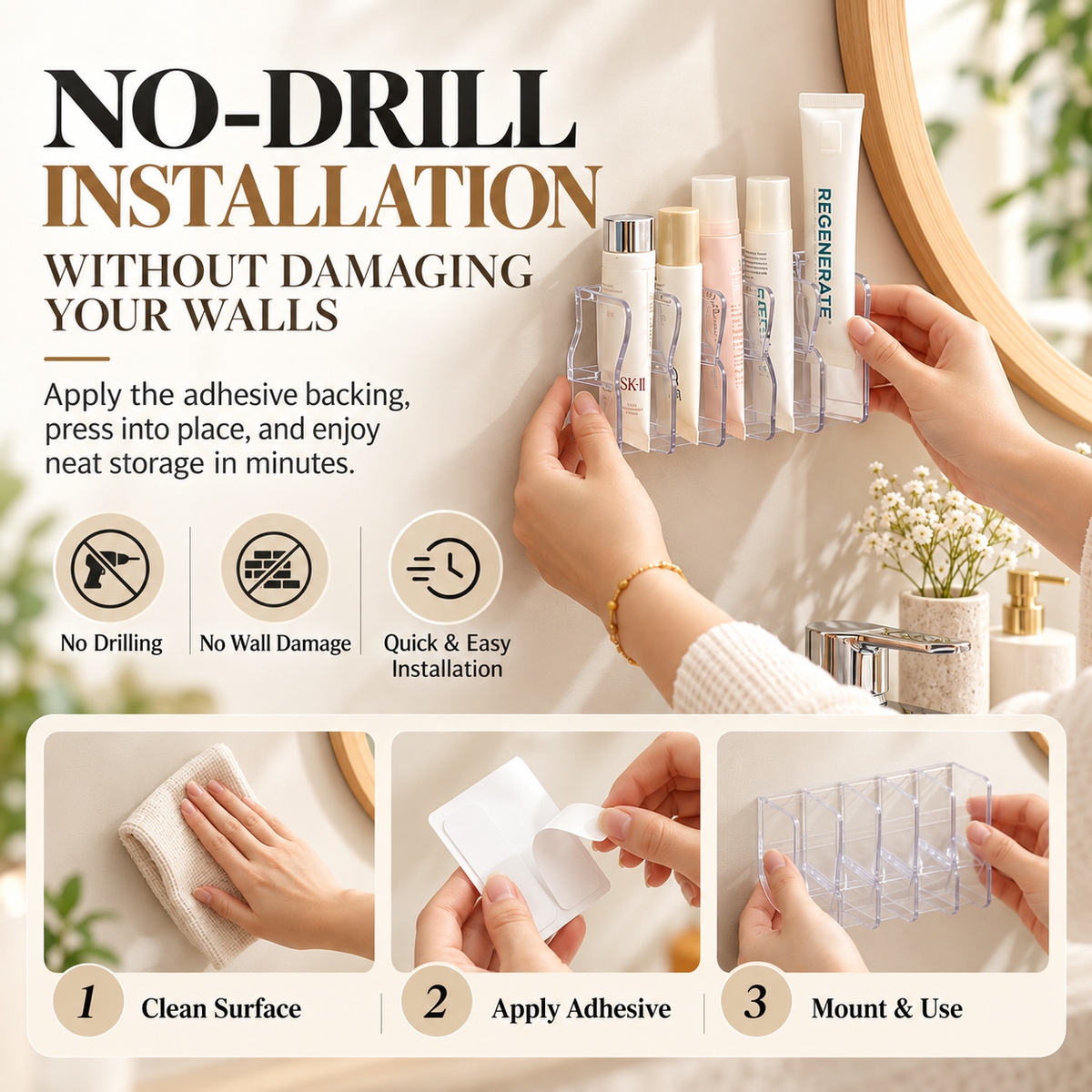 Wall-Mounted Skincare Organizer Shelf for Cleansers