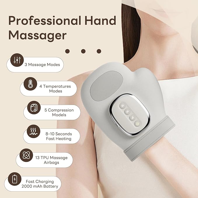 🔥Portable Hand Massager with Heat & Compression, Wireless 3 Modes for Carpal Tunnel Relief