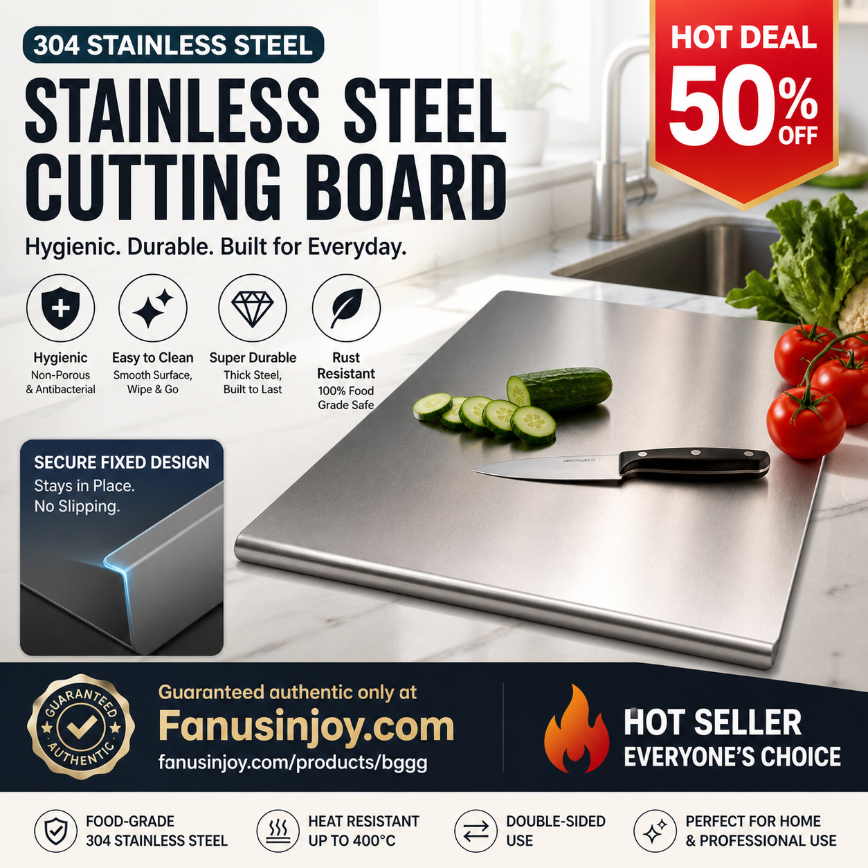 📢📢50% OFF !!⏰👩‍🍳🔪Must‑Have Cooking Tool！🥩🥦Safer, Cleaner & More Convenient!💥304 Stainless Steel Cutting Board