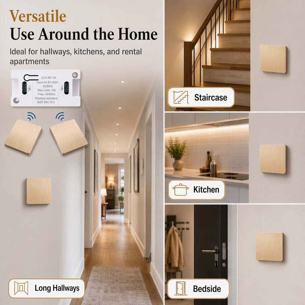 Wireless radio light switch set without wiring with self-adhesive wall switch and receiver