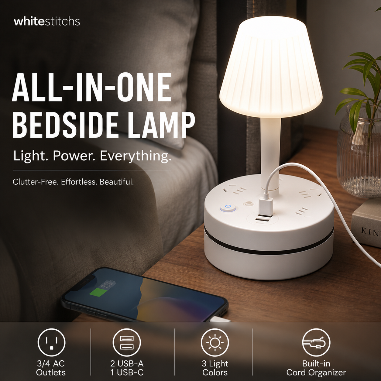 💡🔌 Bedside Lamp with USB & AC Outlets – 50% OFF! 3/4 AC, 2 USB, 1 Type-C – charge devices while you sleep. ⭐🏠