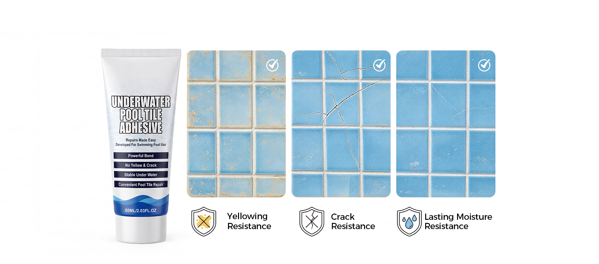 Adhesive tube beside blue tiles with yellowing resistance, crack resistance and lasting moisture resistance icons
