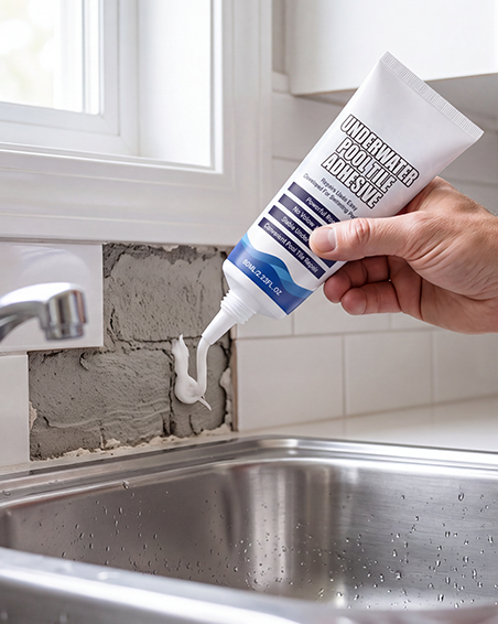 Kitchen sinks adhesive application