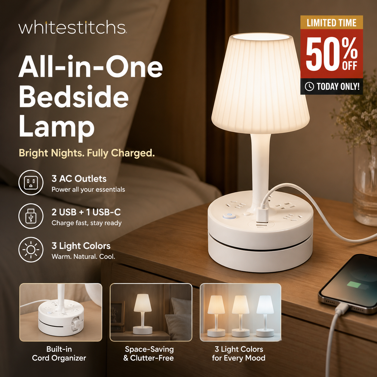 💡🔌 Bedside Lamp with USB & AC Outlets – 50% OFF! 3/4 AC, 2 USB, 1 Type-C – charge devices while you sleep. ⭐🏠