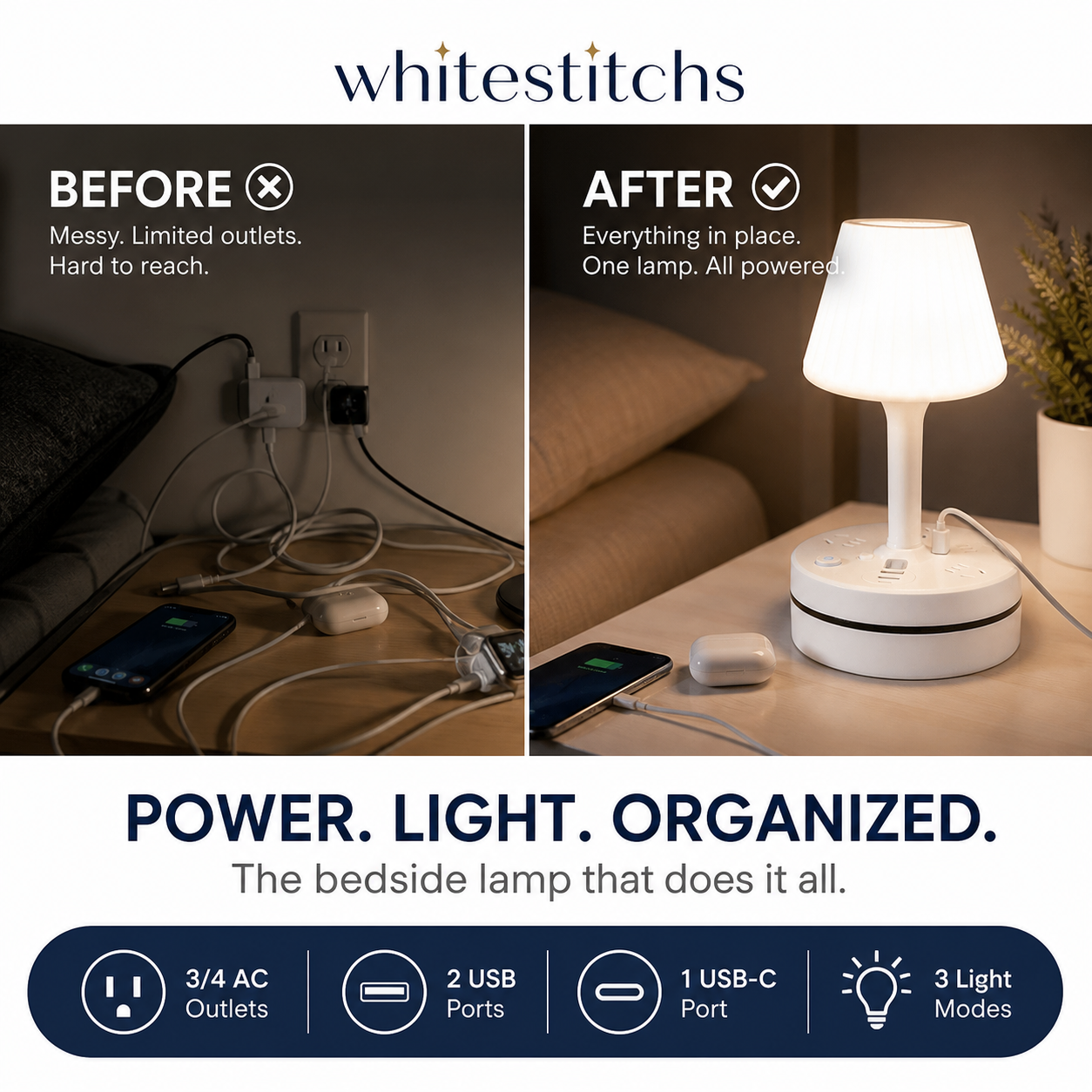 💡🔌 Bedside Lamp with USB & AC Outlets – 50% OFF! 3/4 AC, 2 USB, 1 Type-C – charge devices while you sleep. ⭐🏠