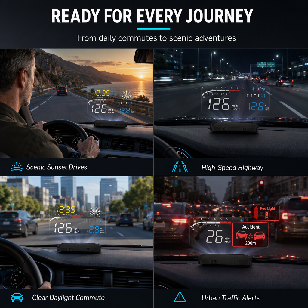 🚗50% OFF NOW! Head-Up Display Car GPS Digital Speedometer – Traffic Light Countdown & Red Light Camera Alert HUD, Universal Driver Safety Warning Device to Avoid Tickets for City Driving