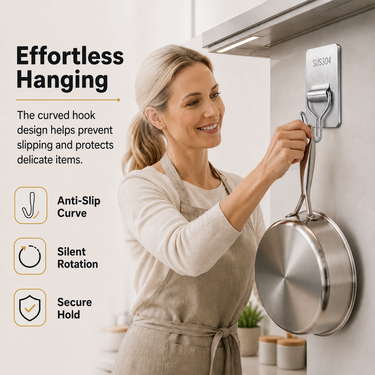 Stainless Steel Wall Hooks – No‑Drill with Waterproof Mounting