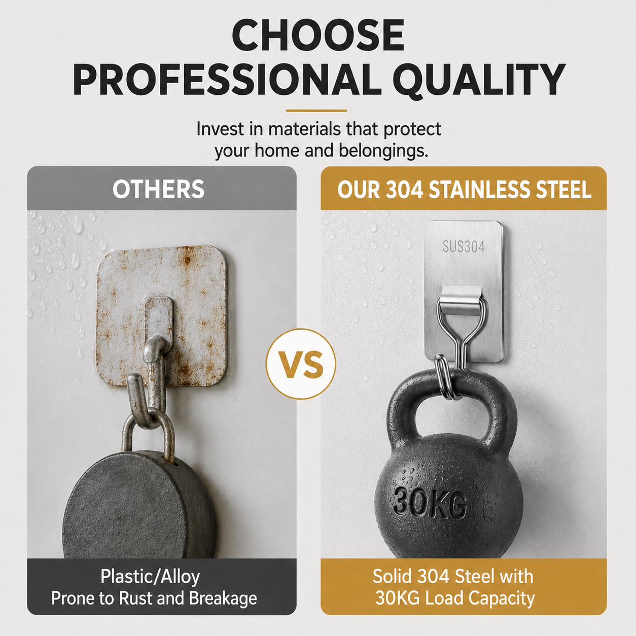 Stainless Steel Wall Hooks – No‑Drill with Waterproof Mounting
