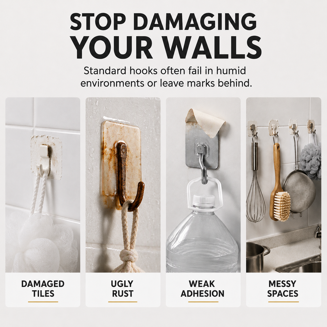 Stainless Steel Wall Hooks – No‑Drill with Waterproof Mounting