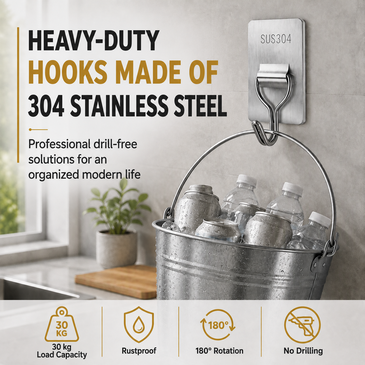Stainless Steel Wall Hooks – No‑Drill with Waterproof Mounting