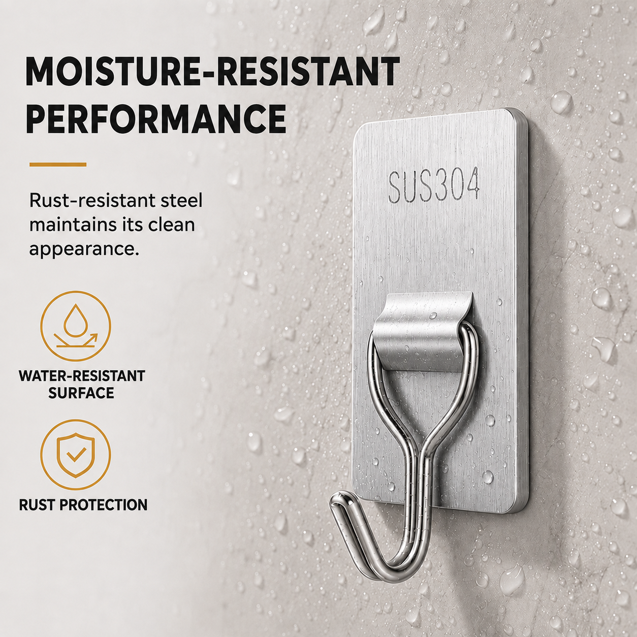 Stainless Steel Wall Hooks – No‑Drill with Waterproof Mounting