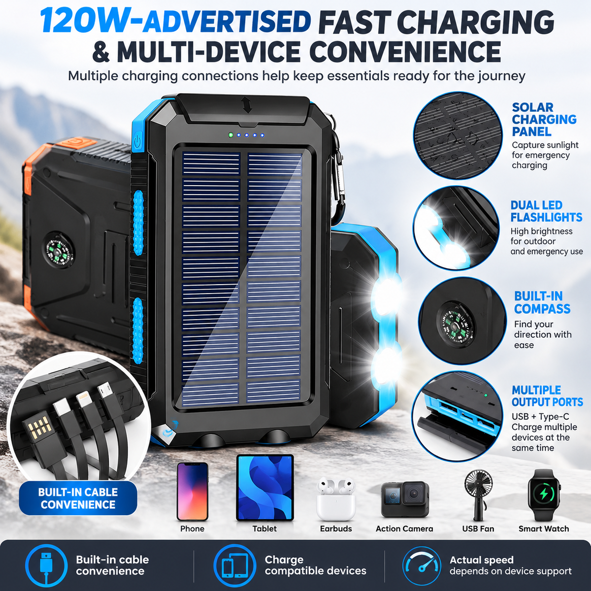 Solar Power Bank with LED Flashlight