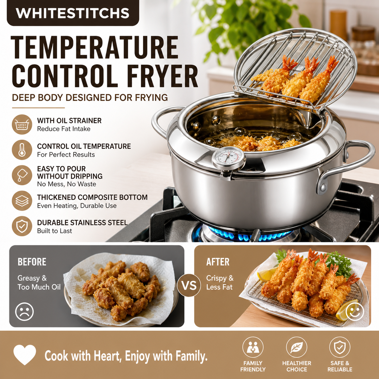 🍤 LIMITED‑TIME 50% OFF! ⚡ 201 Stainless Steel Tempura Fryer Pot – Thermometer, Drain Rack, Deep‑Body ✨