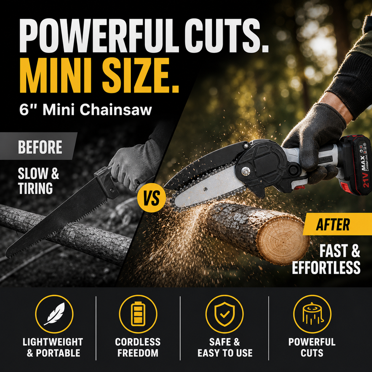 6-inch Cordless Mini Chainsaw with 2 Batteries