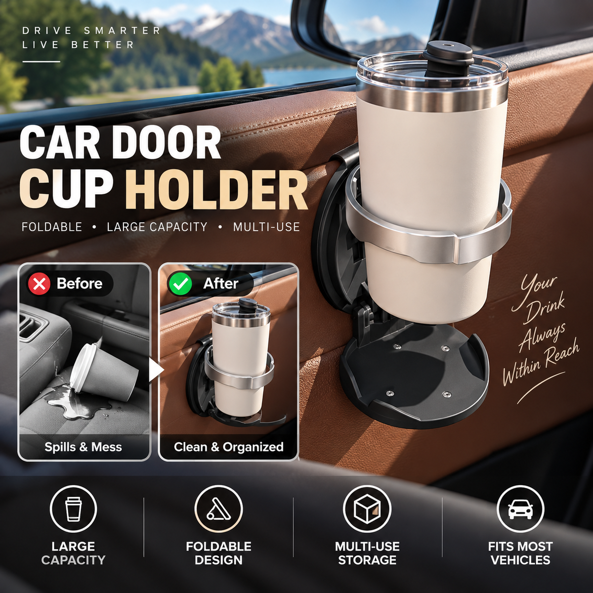 🚗 Last Day Special Price $17.99! 🥤Multifunctional Foldable Car Door Cup Holder Large Diameter Drink and Water Bottle Storage Rack
