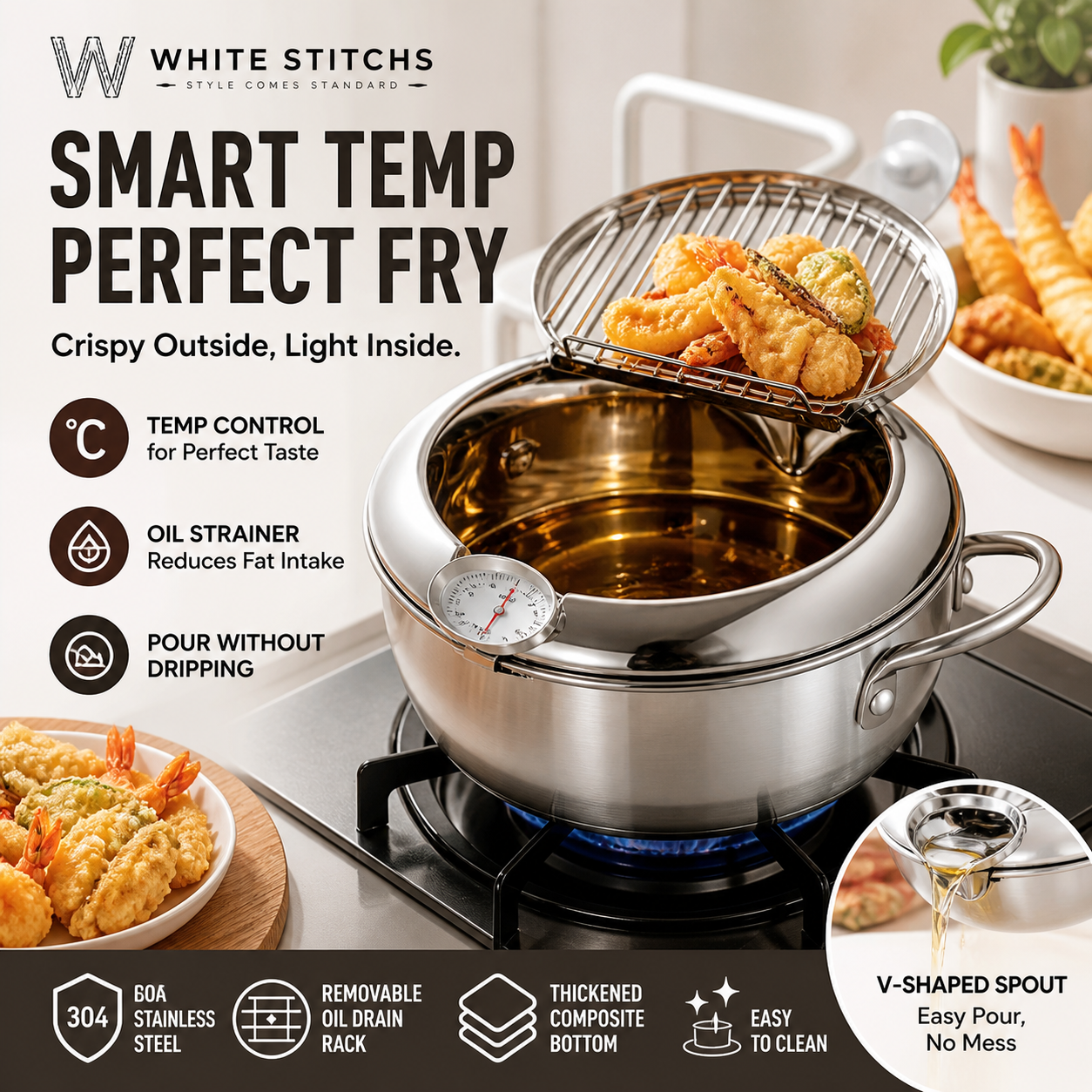 🍤 LIMITED‑TIME 50% OFF! ⚡ 201 Stainless Steel Tempura Fryer Pot – Thermometer, Drain Rack, Deep‑Body ✨