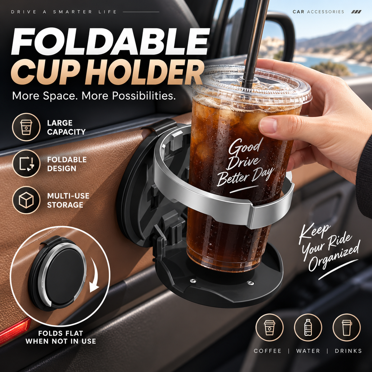 🚗 Last Day Special Price $17.99! 🥤Multifunctional Foldable Car Door Cup Holder Large Diameter Drink and Water Bottle Storage Rack