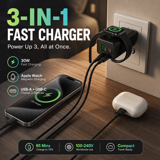 🎉 New Hot Sale — Over 50,000 Sold! 🔌 3-in-1 Wireless Wall Charger for Watch – 30W Fast Charge & Magnetic Dock ⚡