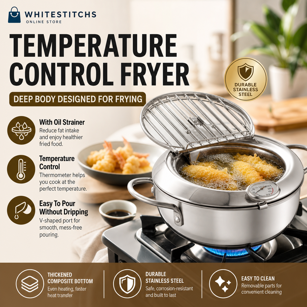 🍤 LIMITED‑TIME 50% OFF! ⚡ 201 Stainless Steel Tempura Fryer Pot – Thermometer, Drain Rack, Deep‑Body ✨