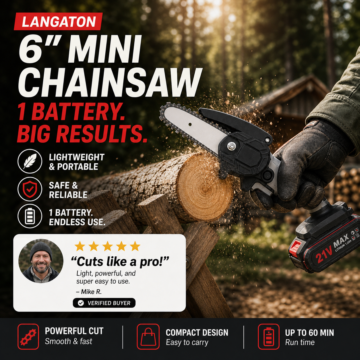 6-inch Cordless Mini Chainsaw with 2 Batteries