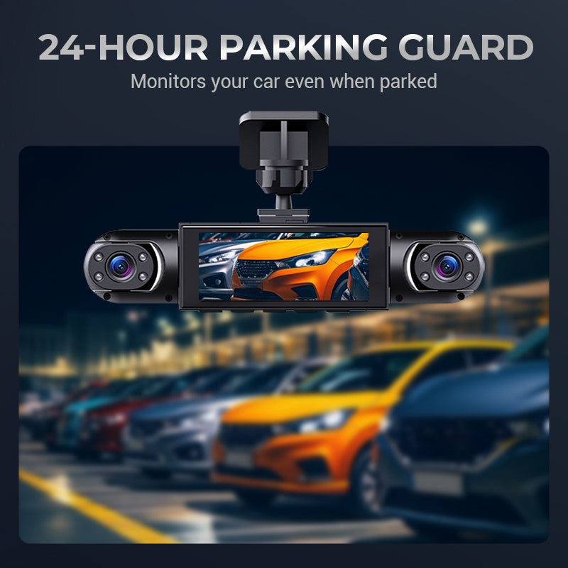 🛡️ 360° Full View Dashcam – Front, Rear & Interior, Night Vision & Loop Recording for Complete Car Protection 🔒✨