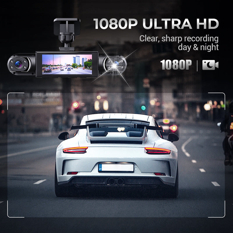 🛡️ 360° Full View Dashcam – Front, Rear & Interior, Night Vision & Loop Recording for Complete Car Protection 🔒✨