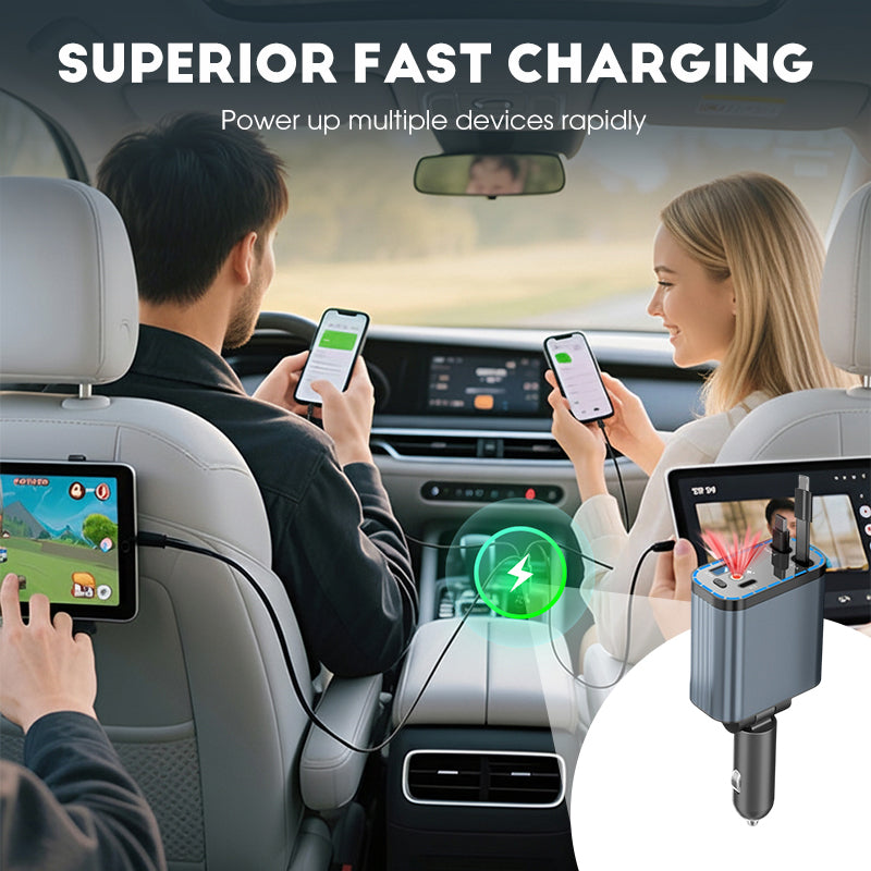 ⏳Time-Limited Special⏰Ultra-fast 4-in-1 Car Charger 90W – With Retractable Cables & Ambient Starlight