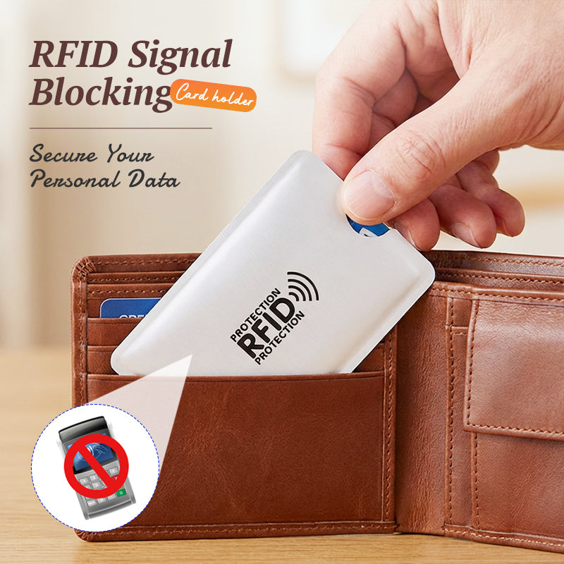 RFID signal blocking card holder protecting credit card in wallet