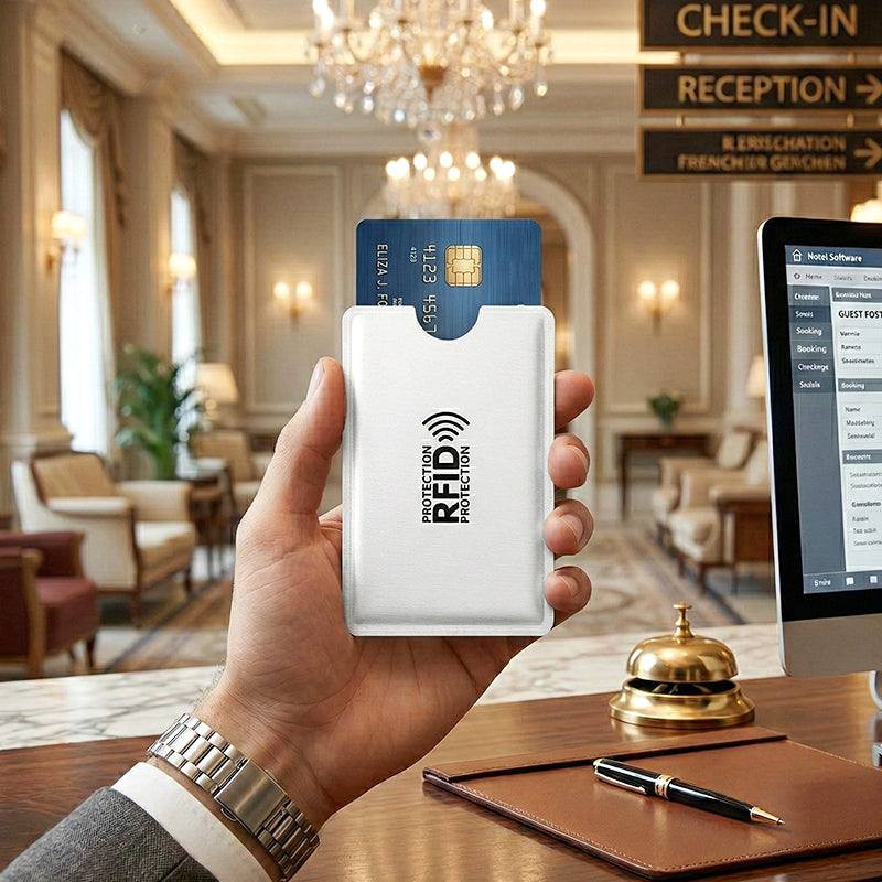 RFID blocking sleeve held in cafe travel use scene