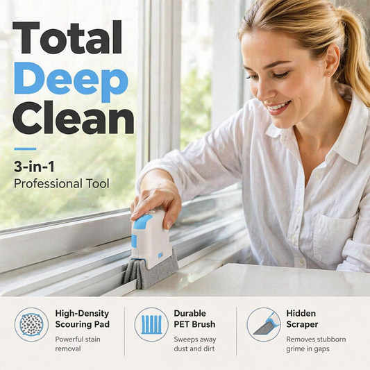 🔥Hot Sale 🔥 Stop Picking Window Tracks with Your Fingernail! 3-in-1 Window Track Cleaning Tool – Brush + Scraper + Scrub Pad, Reaches Where Fingers Can't