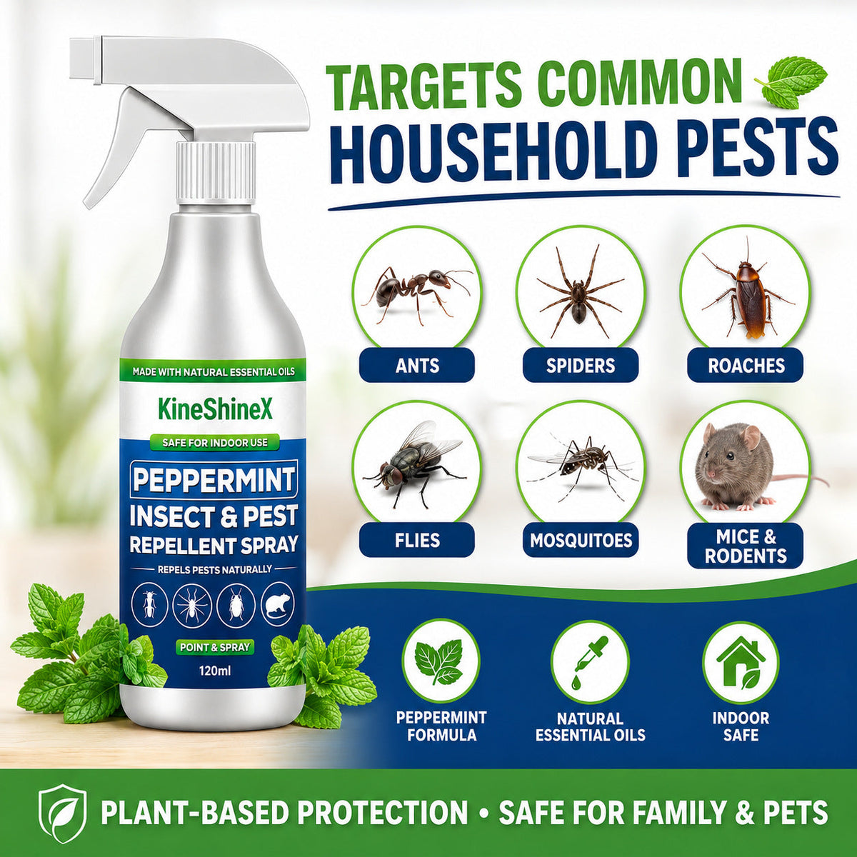Household Peppermint Scented Insect Repellent Spray 120ml for Ants Spiders and Cockroaches in Kitchens and Window Gaps