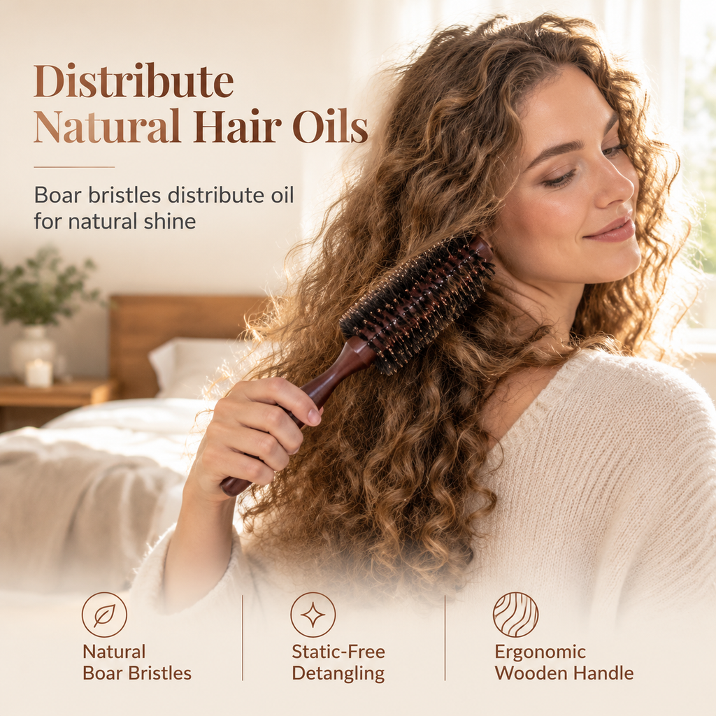 Boar Bristle Round Hair Brush for Blow Drying and Styling Curly or Straight Hair
