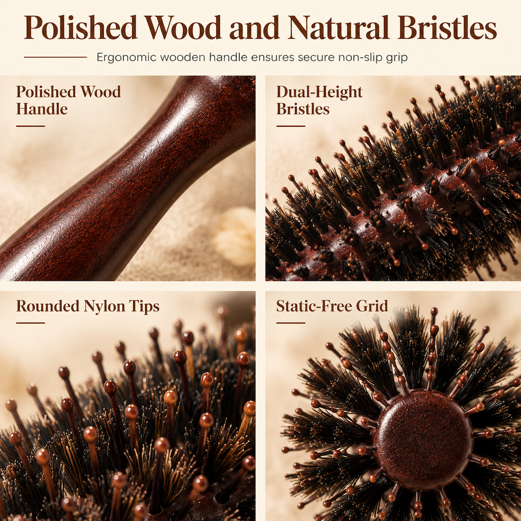 Boar Bristle Round Hair Brush for Blow Drying and Styling Curly or Straight Hair