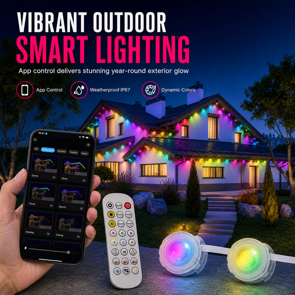 Smart LED Outdoor Eaves Lights IP67 Waterproof RGB Color Changing String Lights with App Control