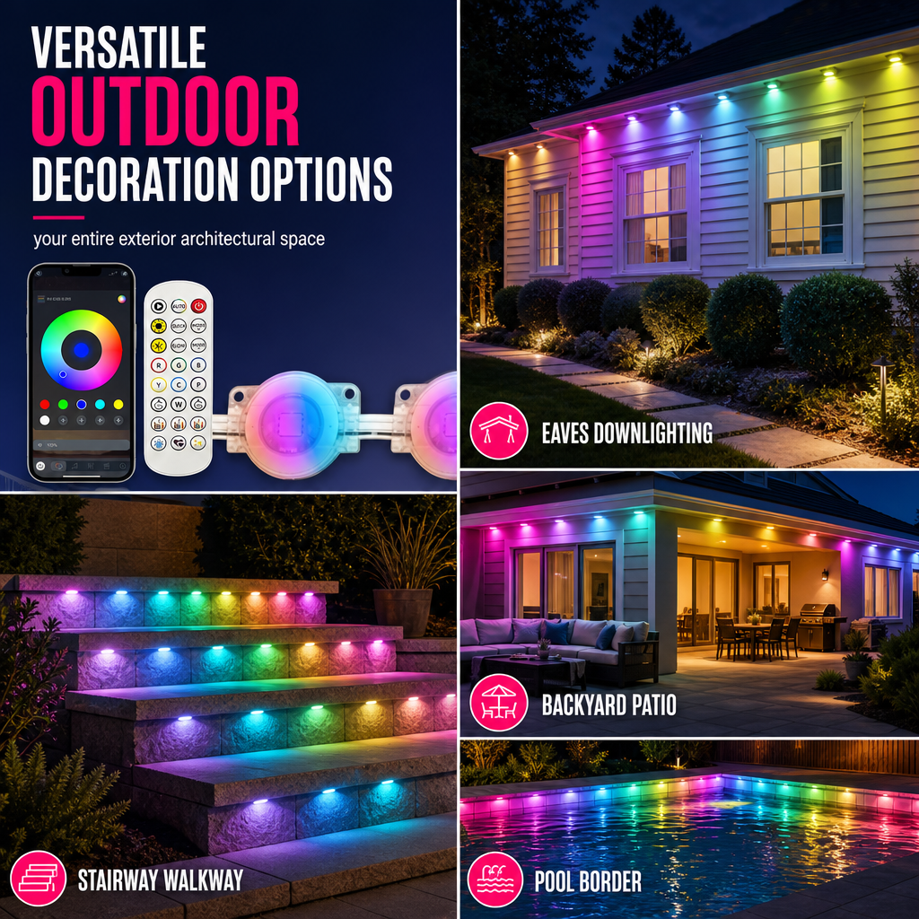 Smart LED Outdoor Eaves Lights IP67 Waterproof RGB Color Changing String Lights with App Control
