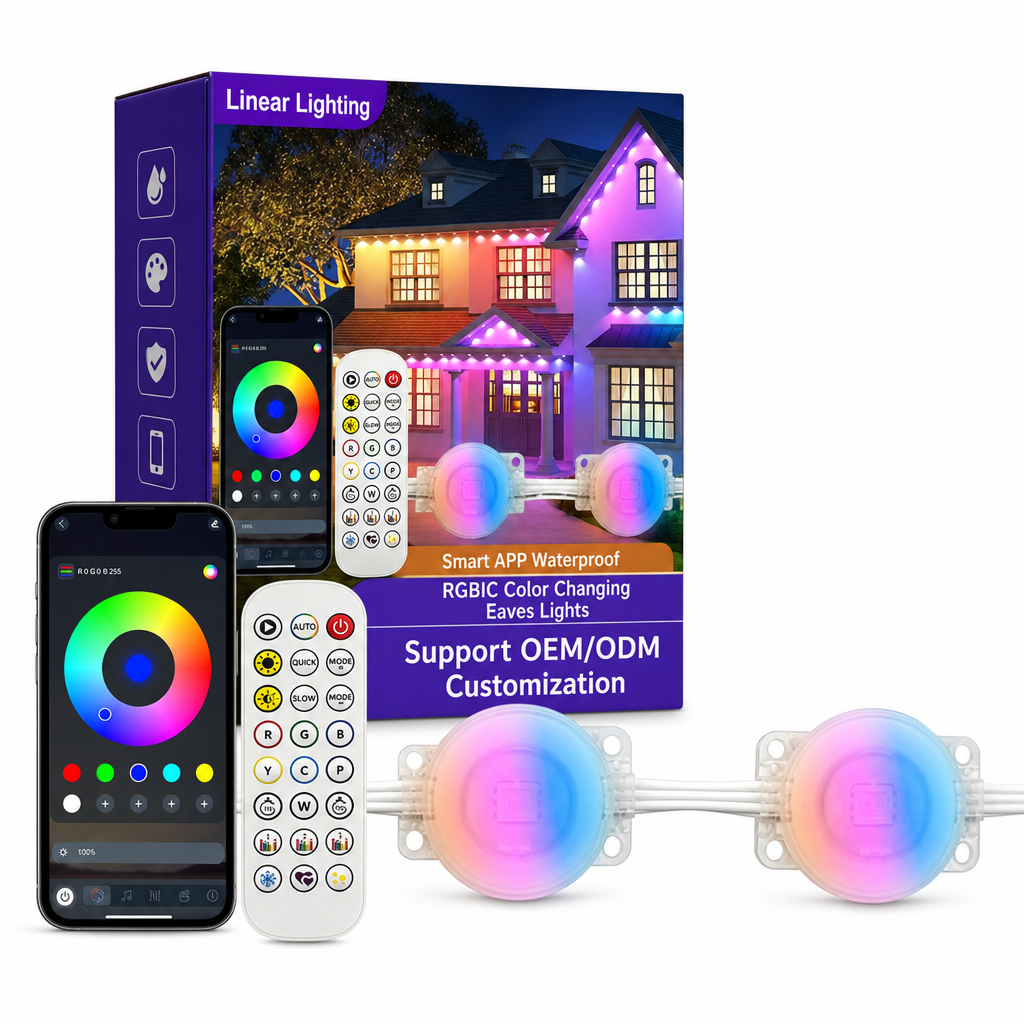 Smart LED Outdoor Eaves Lights IP67 Waterproof RGB Color Changing String Lights with App Control