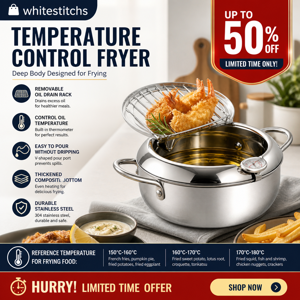 🍤 LIMITED‑TIME 50% OFF! ⚡ 201 Stainless Steel Tempura Fryer Pot – Thermometer, Drain Rack, Deep‑Body ✨